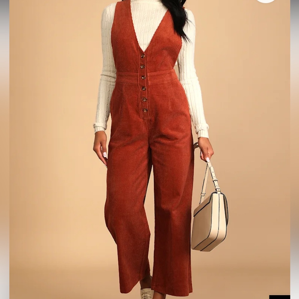 Lulus Have Hope Rust Orange Corduroy Wide-Leg Overall Jumpsuit NWT